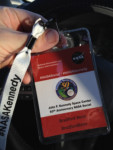 Closeup of Bradford Benn's Badge for the 50th Anniversary of Kennedy Space Center