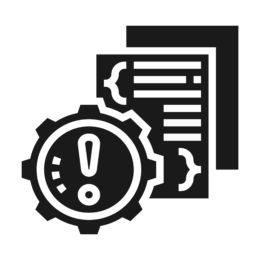 Graphic of a gear with an exclamation point and pieces of paper
