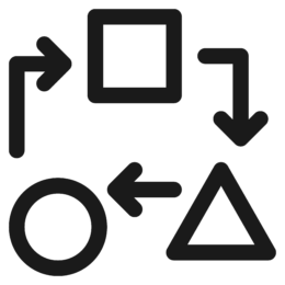 A square, rectangle, and circle with arrows pointing between them to indicate a constant flow