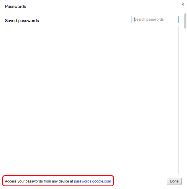 Chrome Saved Passwords screen with a highlight around the save password option