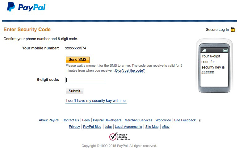 Screen Shot of PayPal two factor authentication window